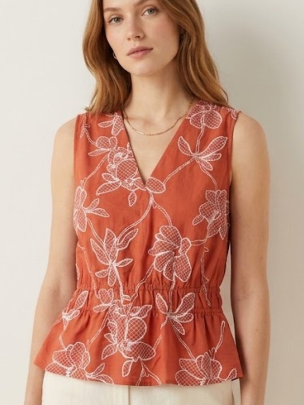 LOFT Terracotta Orange White Floral Embroidered Peplum Tank Top Size Large